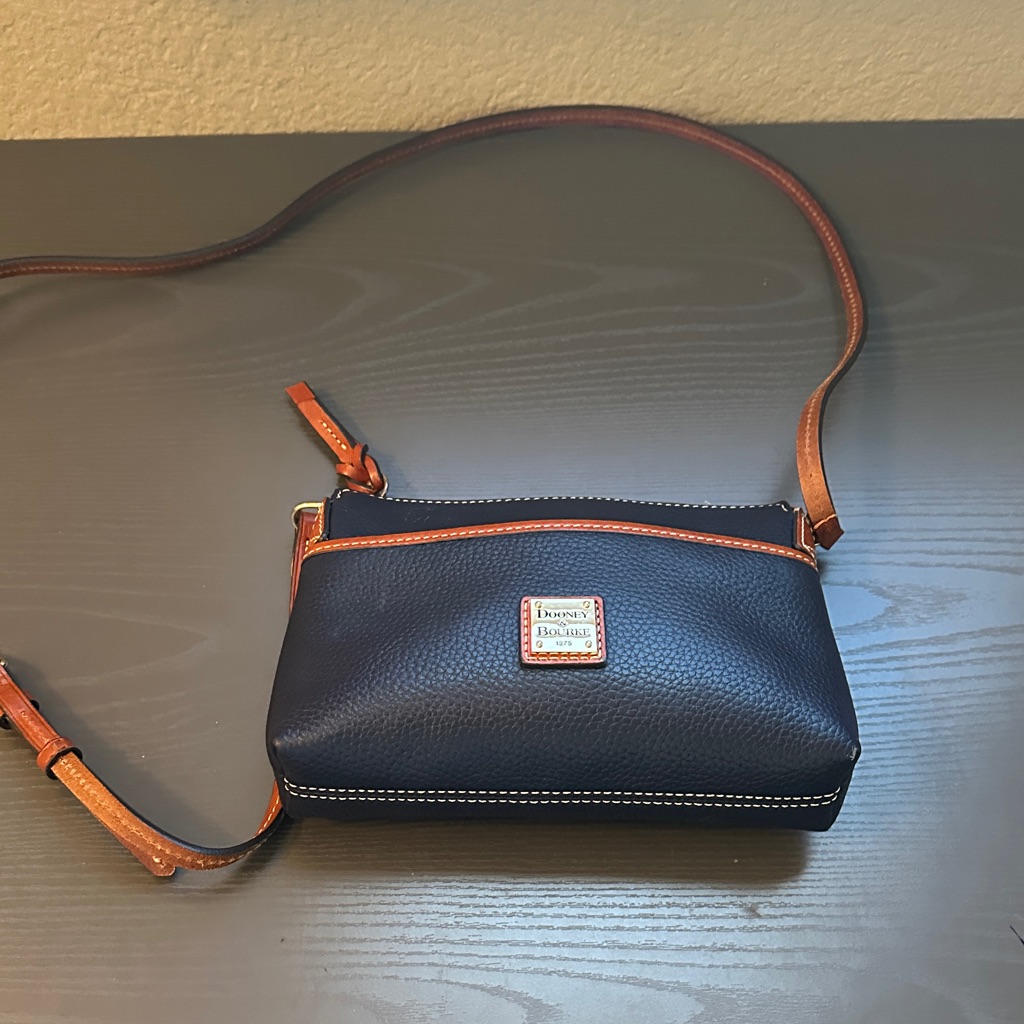 Dooney & Bourke Navy And Brown Pebbled Leather Crossbody Bag Adjustable Strap